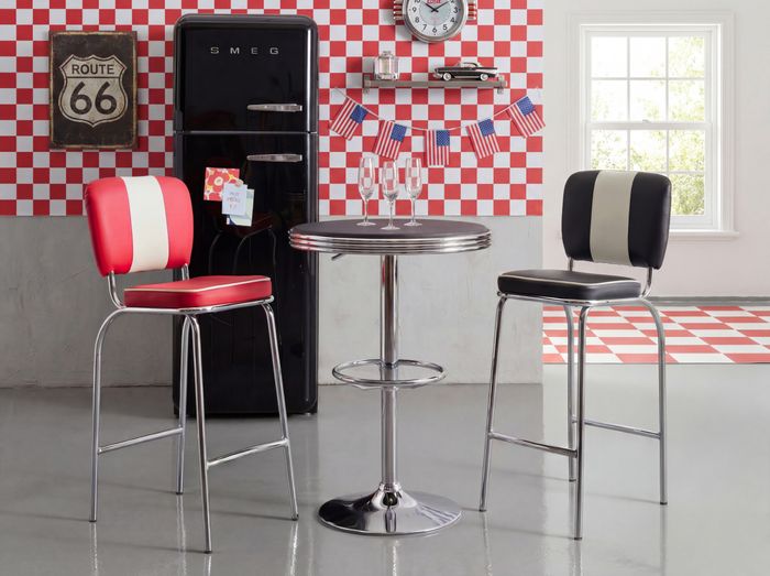 FineBuy American Diner Bartisch rund Ø 60 cm Aluminium Kunstlederbezug, Retro Stehtisch USA Schwarz/Silber, Robuster Bistrotisch 50er Jahre, Partytisch mit Untergestell aus verchromtem Alu