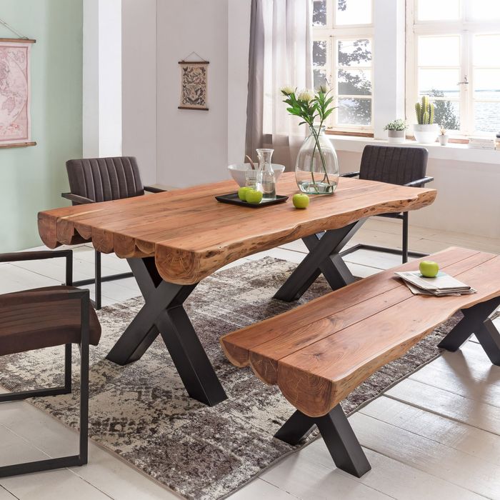 FineBuy Esszimmertisch Akazie Landhaus-Stil Voll-Holz, Design Esstisch rechteckig, Tisch für Esszimmer Baumstamm, Küchentisch 6 - 8 Personen