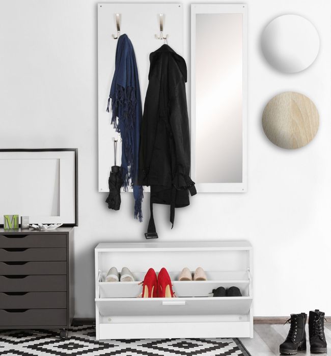 FineBuy Wand-Garderobe SALERNO mit Garderobenpaneel Spiegel & Schuhkipper 80 cm breit 27 cm Schmal, Flurgarderobe Klein Garderobenset Modern Schuhschrank Flur Holz, Garderobe Platzsparend 11723