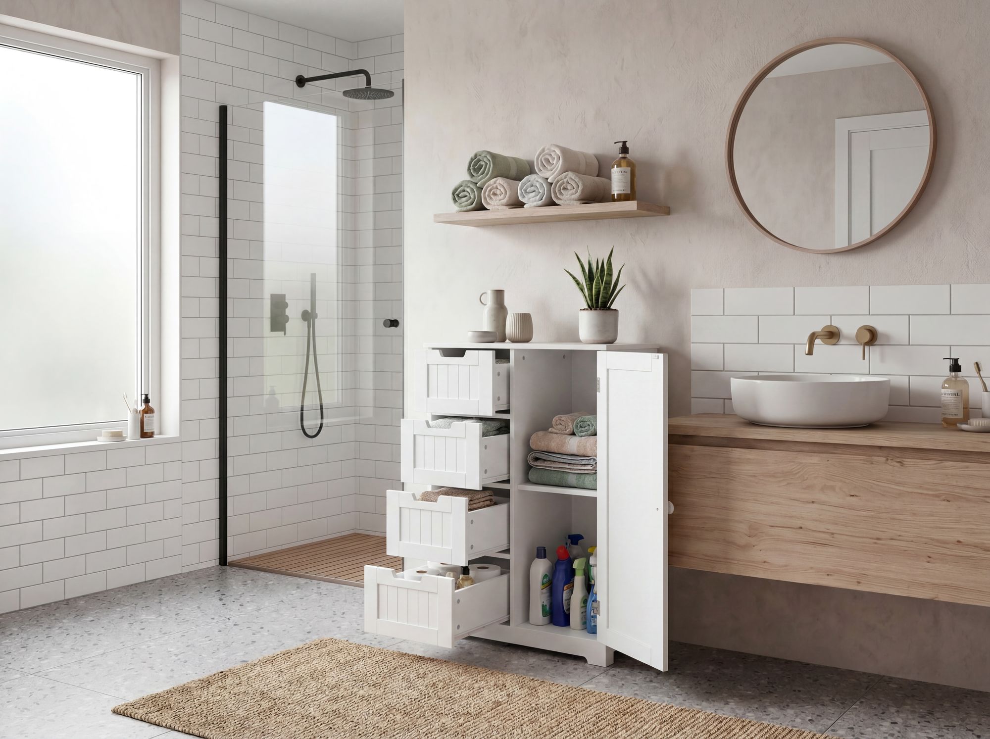 Badschrank Landhaus Badezimmerschrank weiß Schubladen Tür Beistellschrank – Ansicht 2