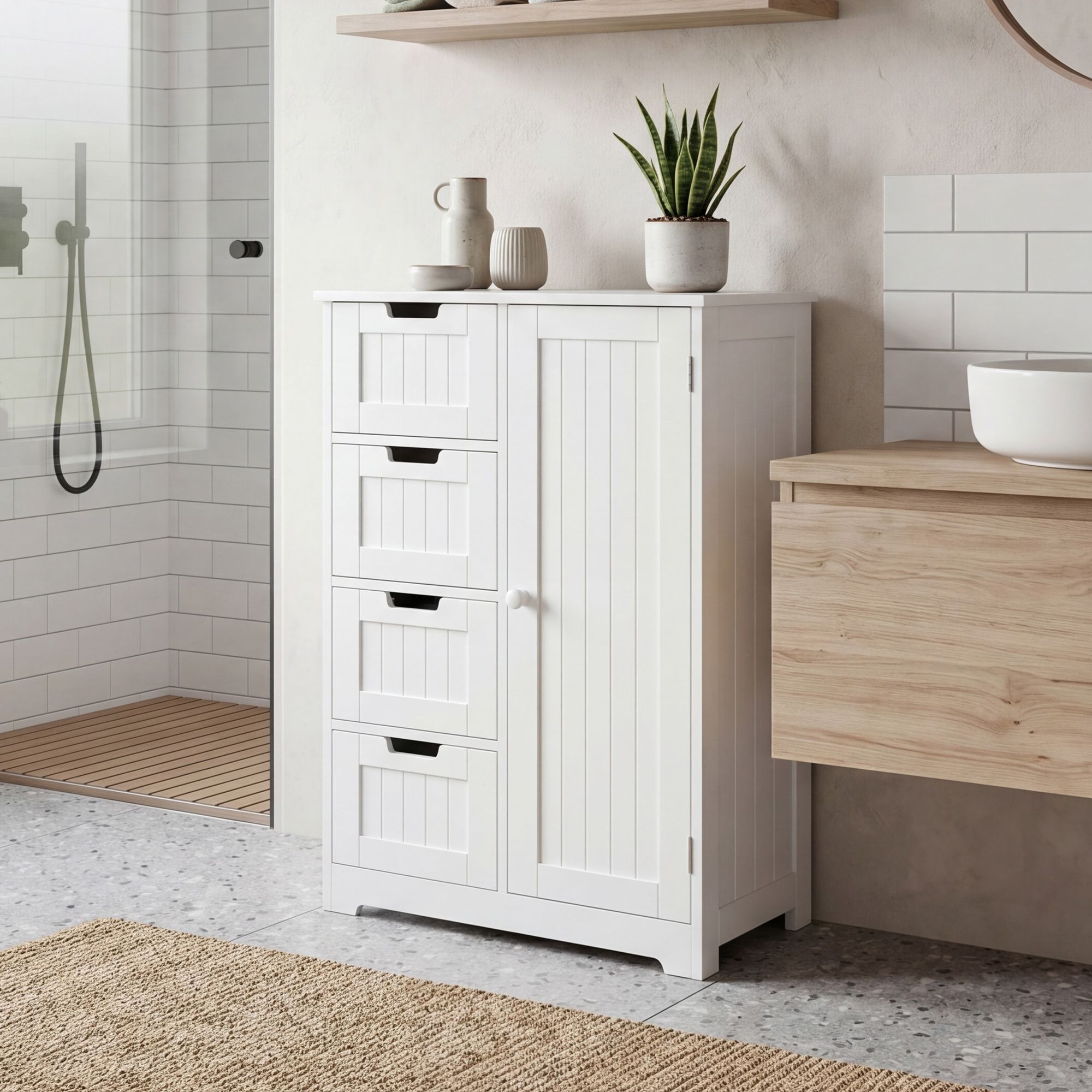 Badschrank Landhaus Badezimmerschrank weiß Schubladen Tür Beistellschrank – Ansicht 1