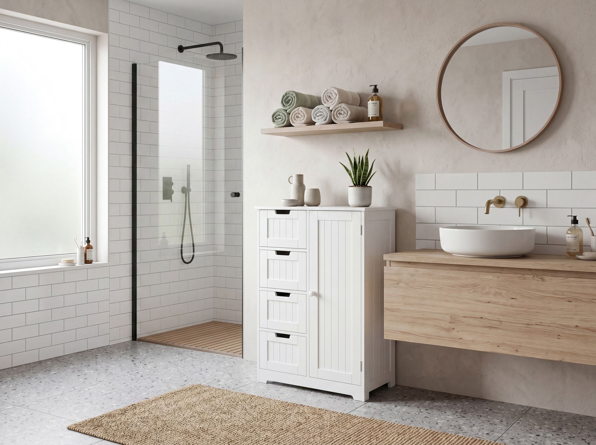 Badschrank Landhaus Badezimmerschrank weiß Schubladen Tür Beistellschrank – Ansicht 4