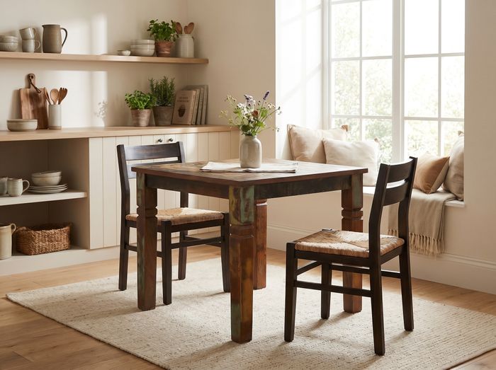FineBuy Esstisch quadratisch 80 cm Mango Massivholz – Quadratischer Shabby Chic Tisch im Bootsholz Design, Landhaus Esszimmertisch massiv, Küchentisch für 4 Personen