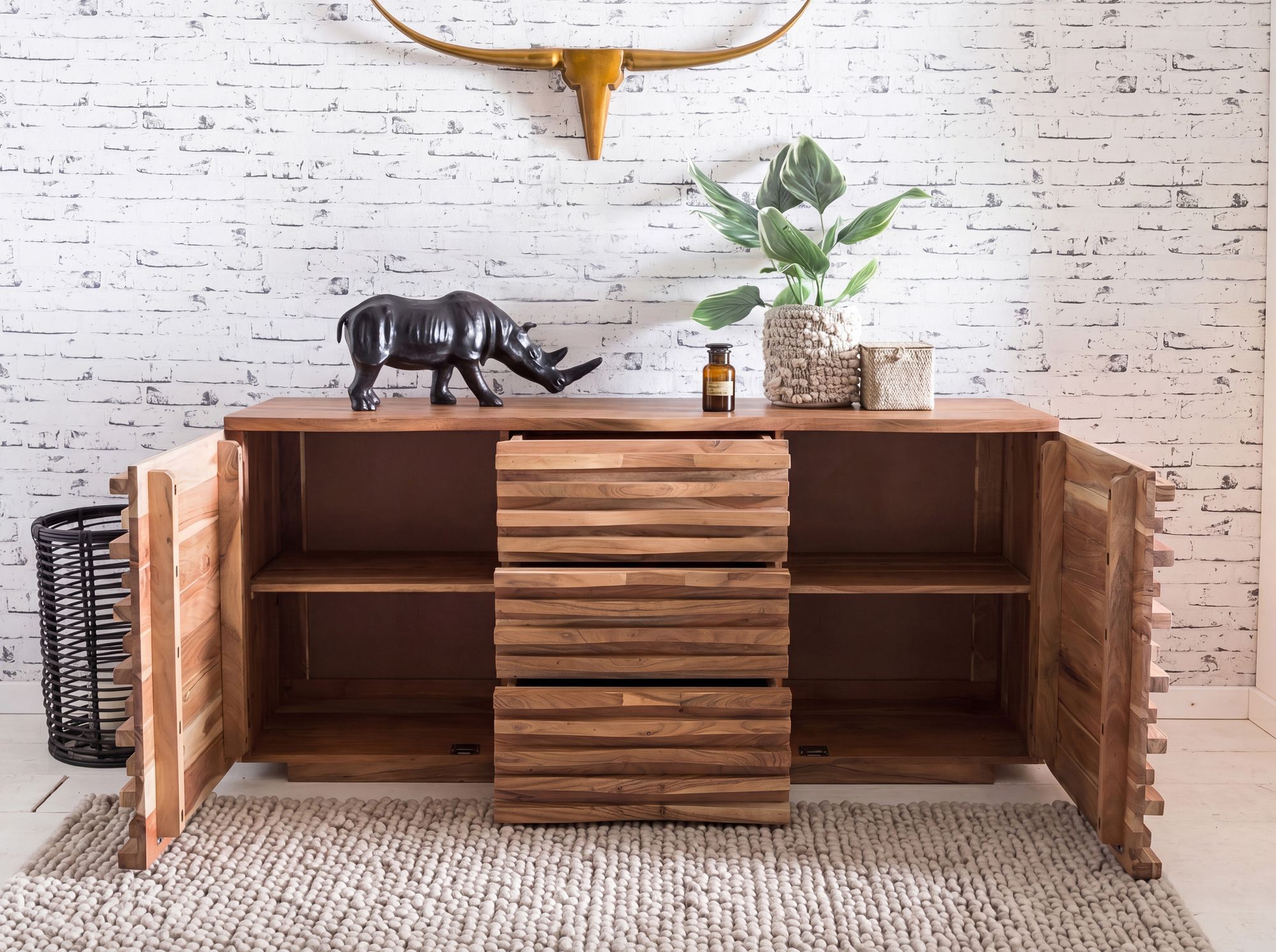 Massivholz Sideboard 160 Akazie Natur Kommode mit 2 Türen & 3 Schubladen Design Front – Ansicht 2