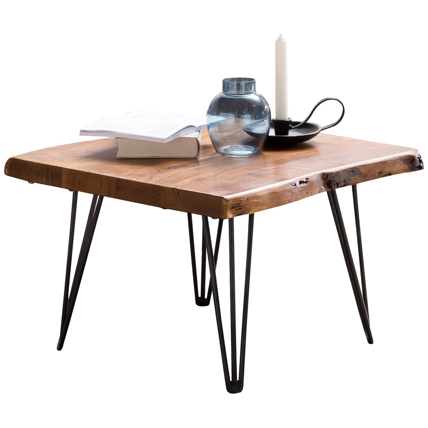 Couchtisch Baumkante 56x38x51 cm Sheesham Massivholz Metallbeine Wohnzimmertisch – Ansicht 8