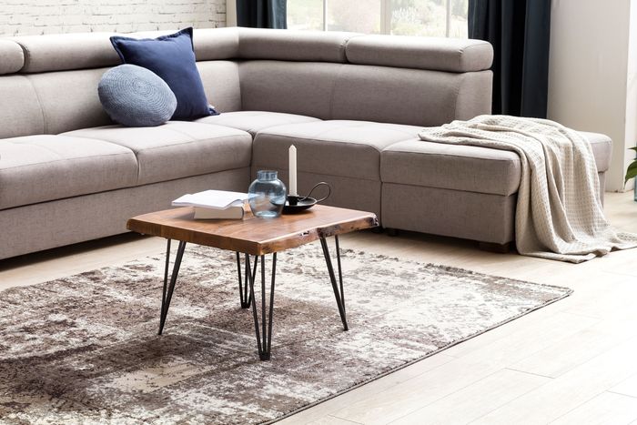 FineBuy Design Couchtisch Massivholz Tisch Baumkante 56 x 38 x 51 cm, Sheesham Holztisch mit Metallbeinen, Wohnzimmertisch im rustikalen Landhausstil 4250950271029