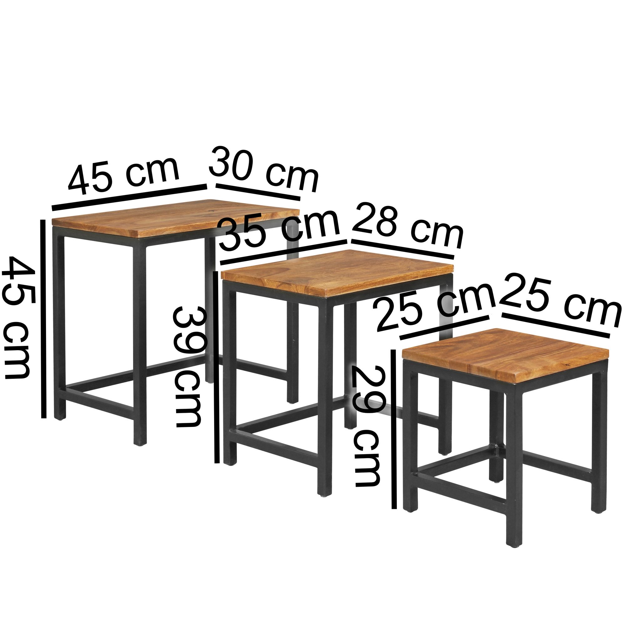 3er Set Beistelltisch Sheesham Satztisch Massivholz Couchtisch Metallbeine – Ansicht 3