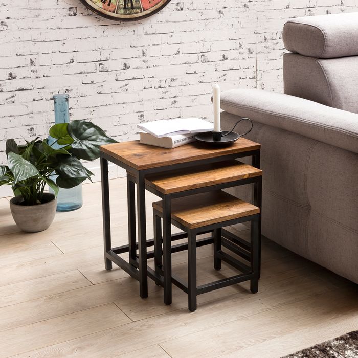 FineBuy 3er Set Design Beistelltisch Sheesham Satztisch Metallbeine, Tischset 3 teilig Materialmix, Couchtisch aus Massivholz 4250950271487