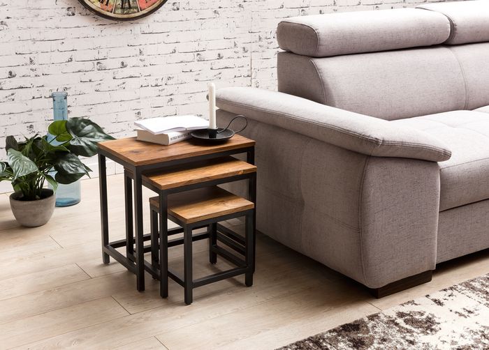 FineBuy 3er Set Design Beistelltisch Sheesham Satztisch Metallbeine, Tischset 3 teilig Materialmix, Couchtisch aus Massivholz 4250950271487