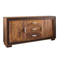 Massivholz Sideboard 160cm Sheesham Kommode mit 2 Türen & 3 Schubladen aufwendige Lederumrandung – Ansicht 6