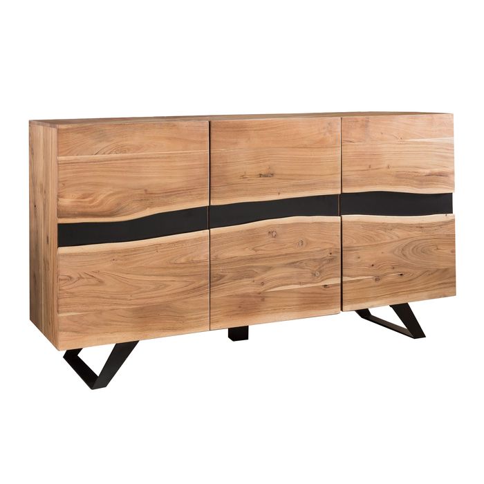 FineBuy Sideboard 148 x 85 x 43 cm Massiv-Holz Akazie Natur Baumkante Anrichte, Landhaus-Stil Highboard mit 3 Türen, Flur Schrank Kommode 4250950273238