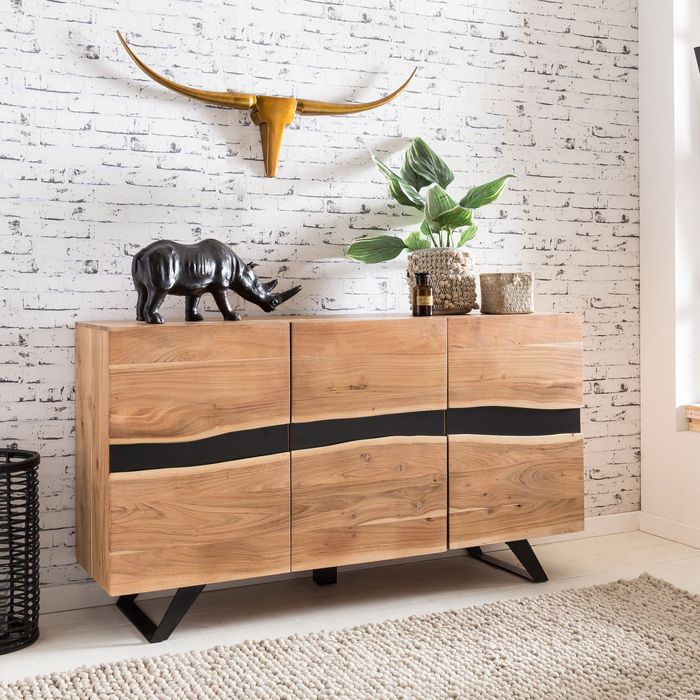 FineBuy Sideboard 148 x 85 x 43 cm Massiv-Holz Akazie Natur Baumkante Anrichte, Landhaus-Stil Highboard mit 3 Türen, Flur Schrank Kommode 4250950273238