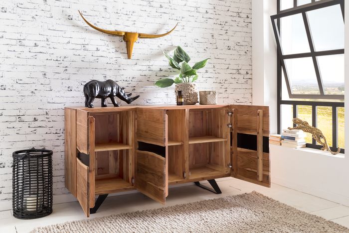 FineBuy Sideboard 148 x 85 x 43 cm Massiv-Holz Akazie Natur Baumkante Anrichte, Landhaus-Stil Highboard mit 3 Türen, Flur Schrank Kommode 4250950273238