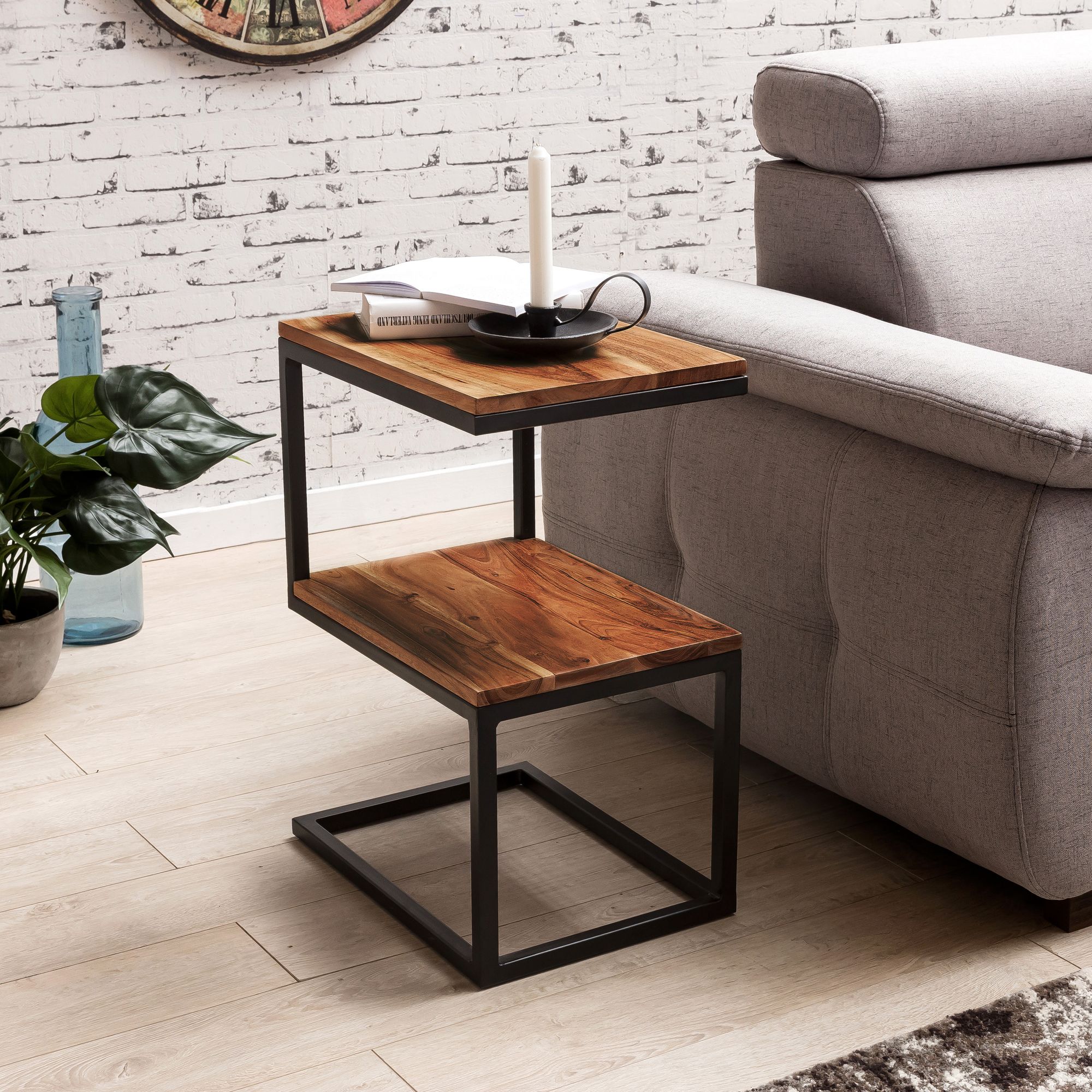 Beistelltisch S-Form Massivholz Metall Wohnzimmertisch Anstelltisch Landhaus – Ansicht 1