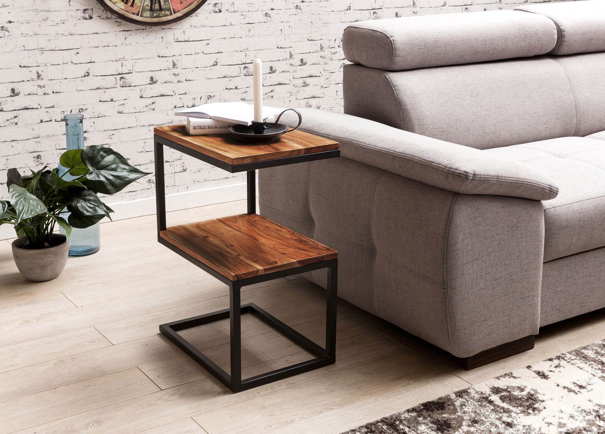 Beistelltisch S-Form Massivholz Metall Wohnzimmertisch Anstelltisch Landhaus – Ansicht 3