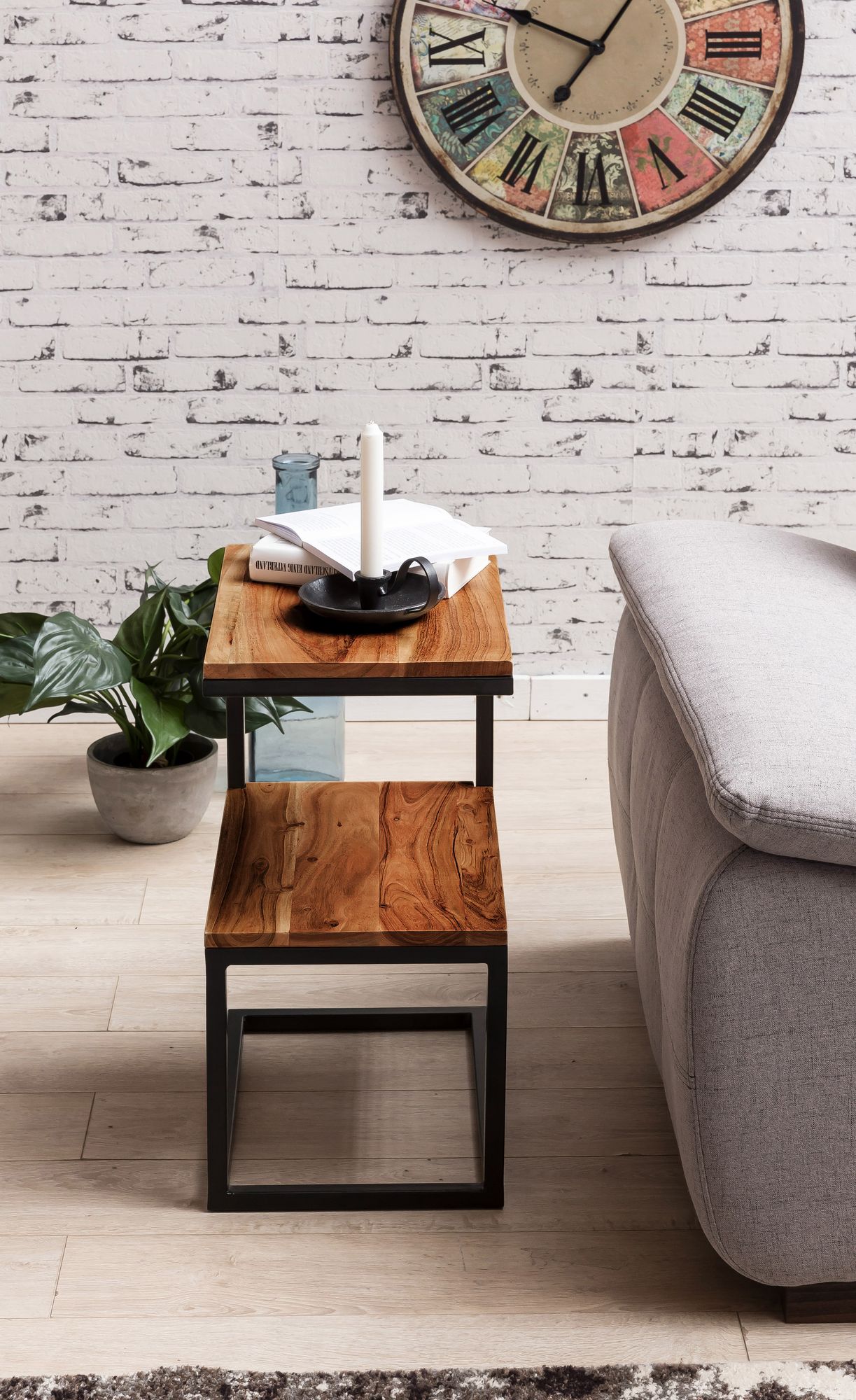 Beistelltisch S-Form Massivholz Metall Wohnzimmertisch Anstelltisch Landhaus – Ansicht 4