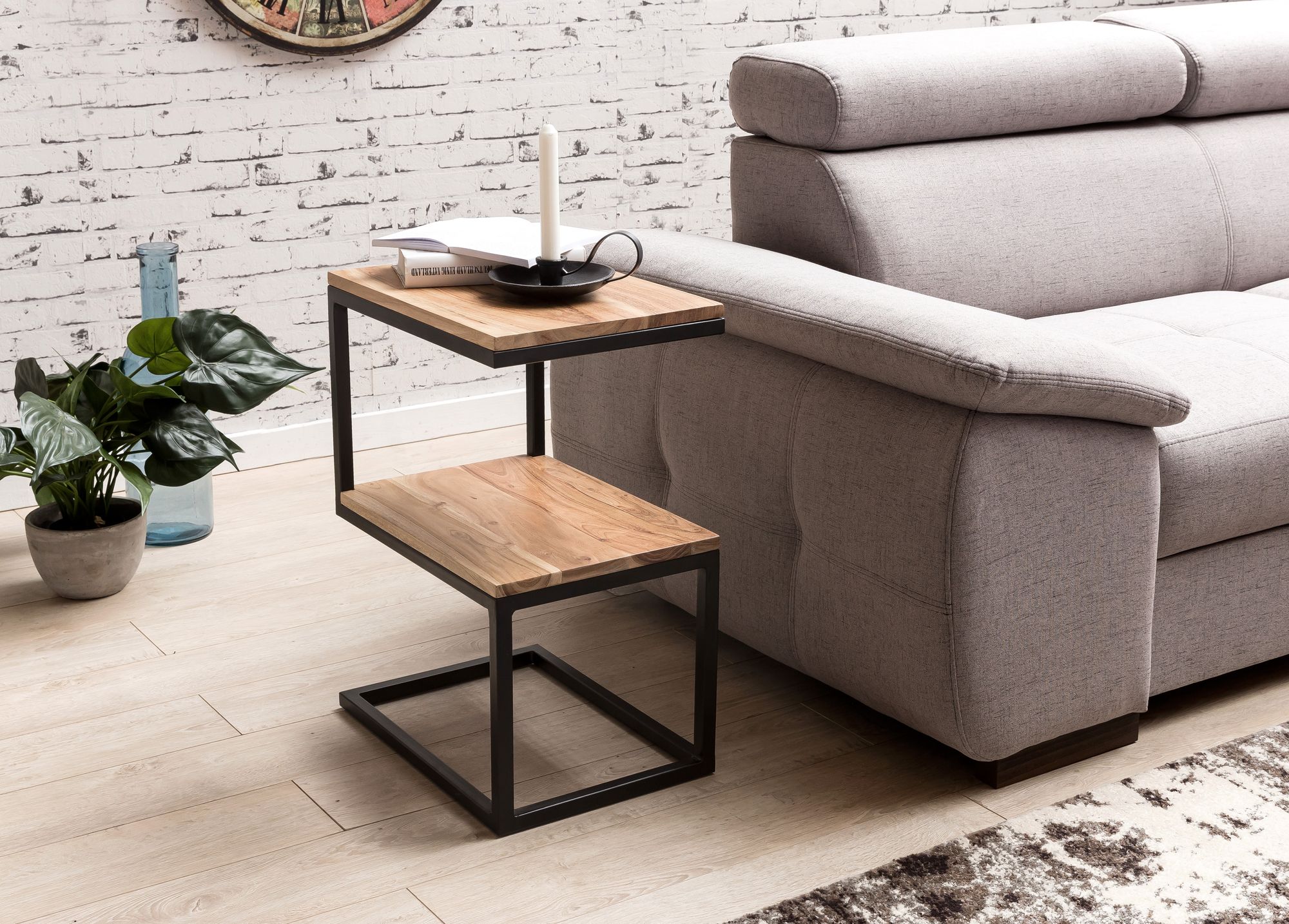 Beistelltisch S-Form Massivholz Metall Wohnzimmertisch Anstelltisch Landhaus – Ansicht 2