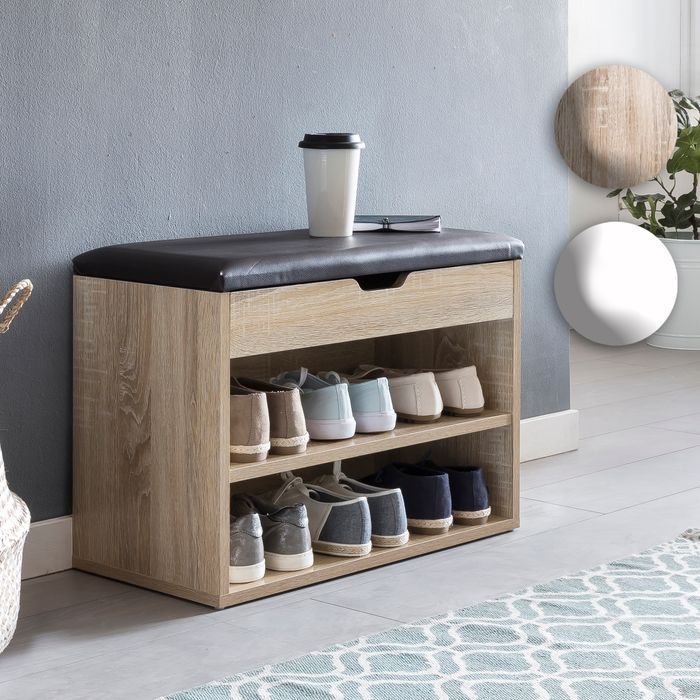 FineBuy Schuhbank mit Sitzfläche Garderoben-Bank Holz 60 x 40 x 30 cm, Holzbank klein gepolstert, Sitzbank schmal Flur mit Stauraum, Truhenbank Schuhtruhe Flurmöbel