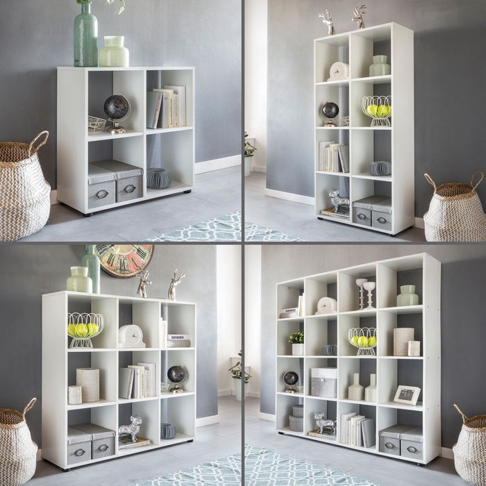 FineBuy Design Bücherregal mit vielen Fächern Weiß Standregal Holz Regal freistehend, Ordnerregal Raumteiler Würfel-Regal modern, Offenes Aufbewahrungsregal 14865