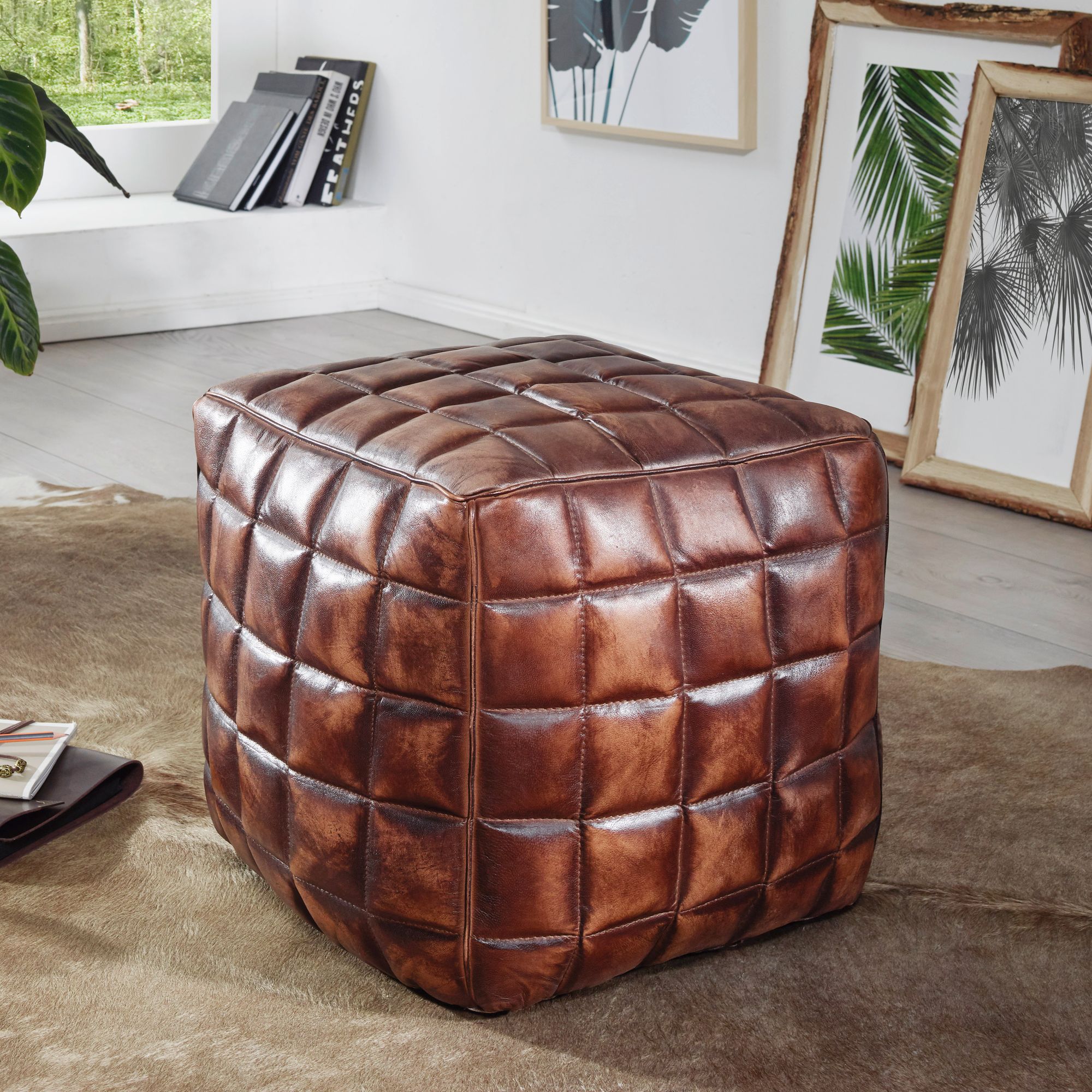 FineBuy Sitzwürfel Leder Ottomane Sitzhocker Hocker braun Polsterhocker – Ansicht 1