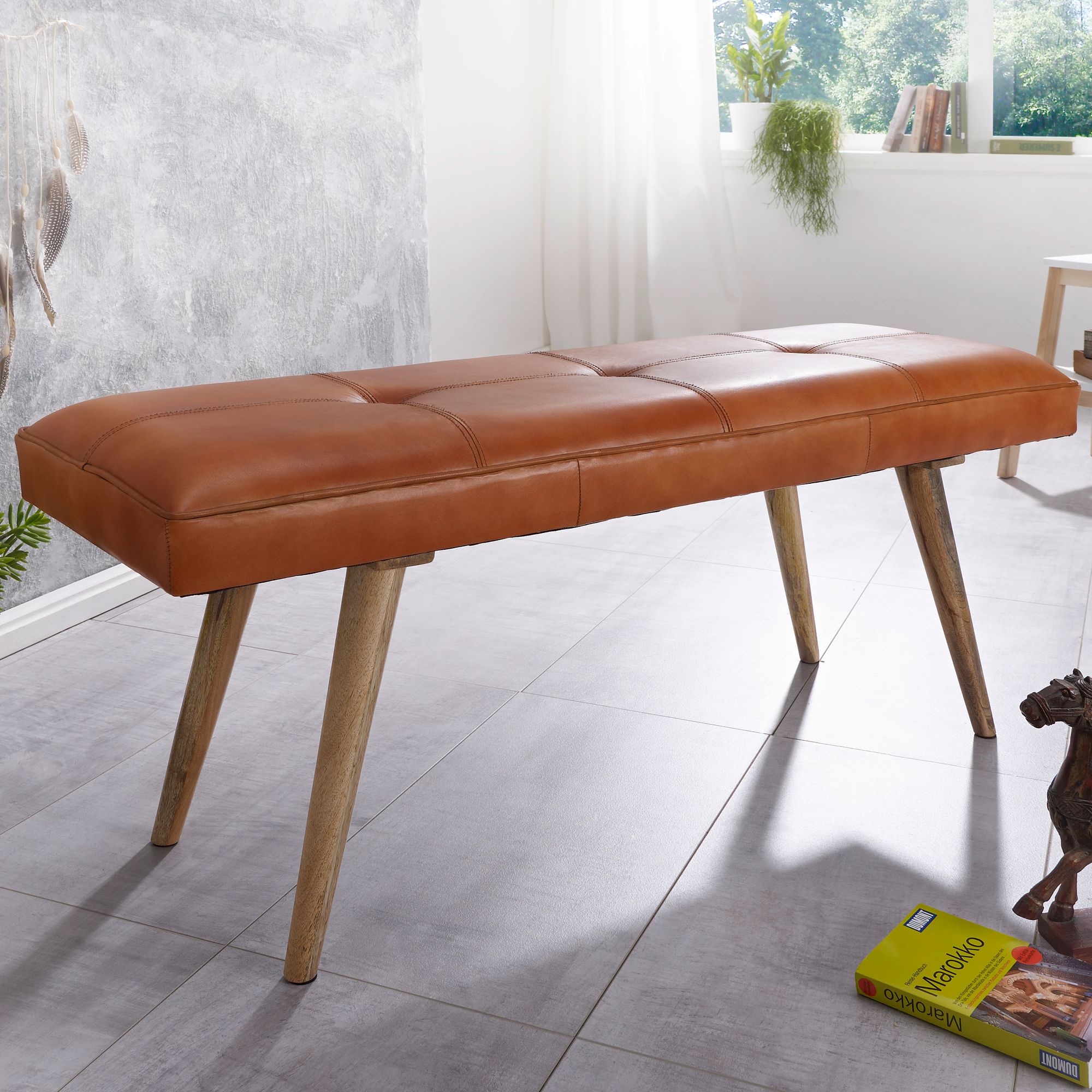 Gepolsterte Sitzbank 120cm Echtleder Braun Polsterbank Garderobenbank Flurbank – Ansicht 1