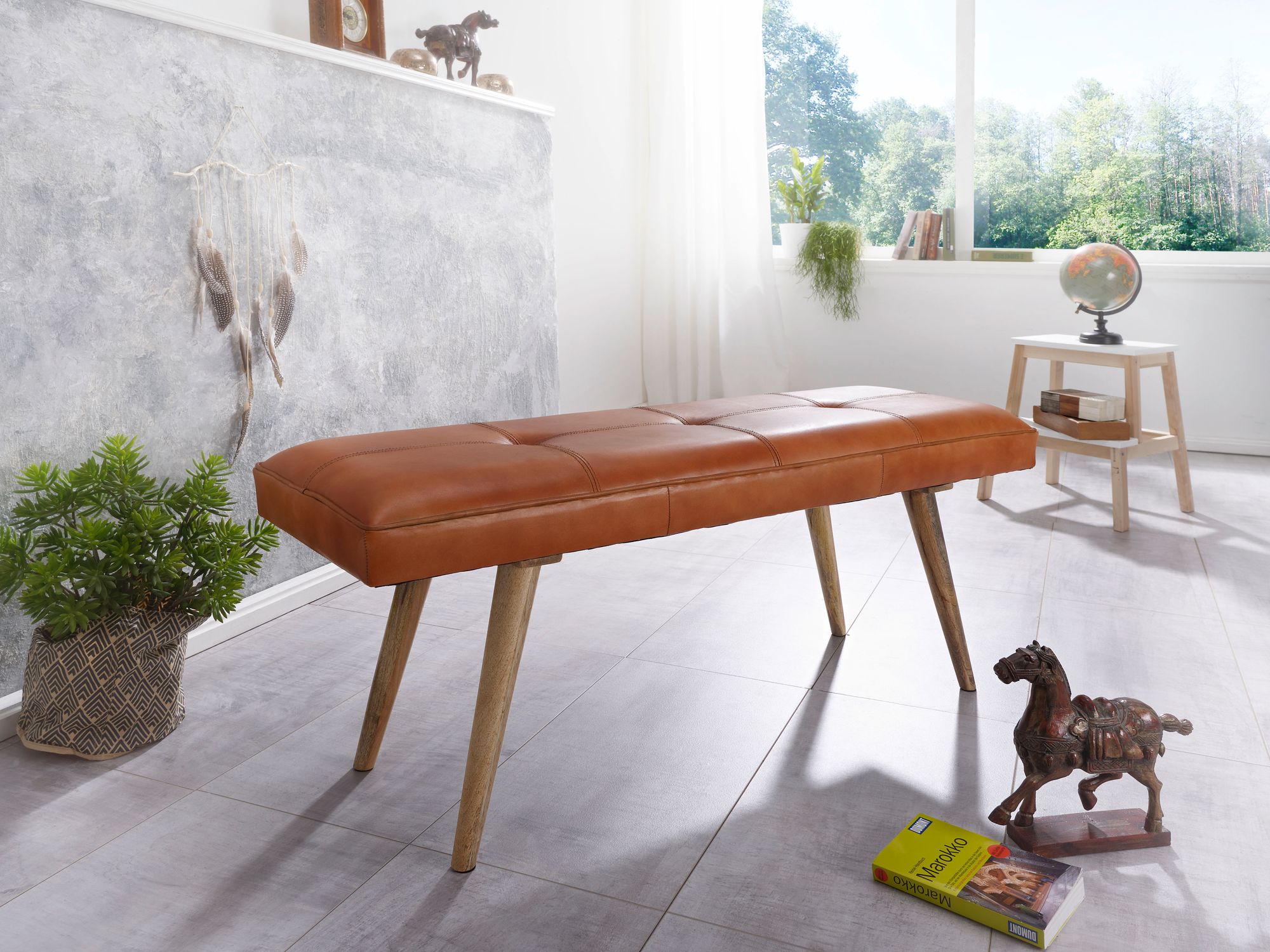 Gepolsterte Sitzbank 120cm Echtleder Braun Polsterbank Garderobenbank Flurbank – Ansicht 2