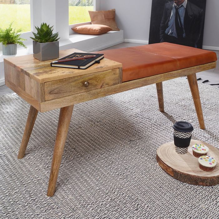 FineBuy Sitzbank Ziegenleder / Massivholz Bank 100 x 52 x 38 cm im Retro Stil, Flur Polsterbank mit Stauraum, Gepolsterte Lederbank Aufbewahrung braun, Kleine Bettbank Echtleder, Flurbank