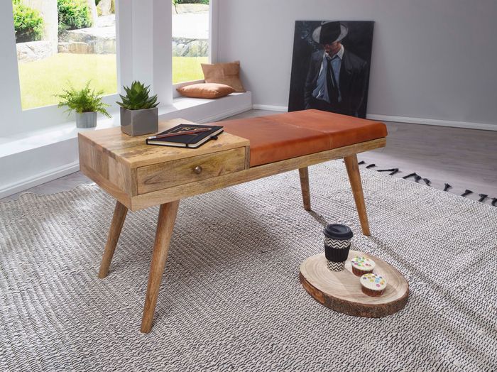 FineBuy Sitzbank Ziegenleder / Massivholz Bank 100 x 52 x 38 cm im Retro Stil, Flur Polsterbank mit Stauraum, Gepolsterte Lederbank Aufbewahrung braun, Kleine Bettbank Echtleder, Flurbank