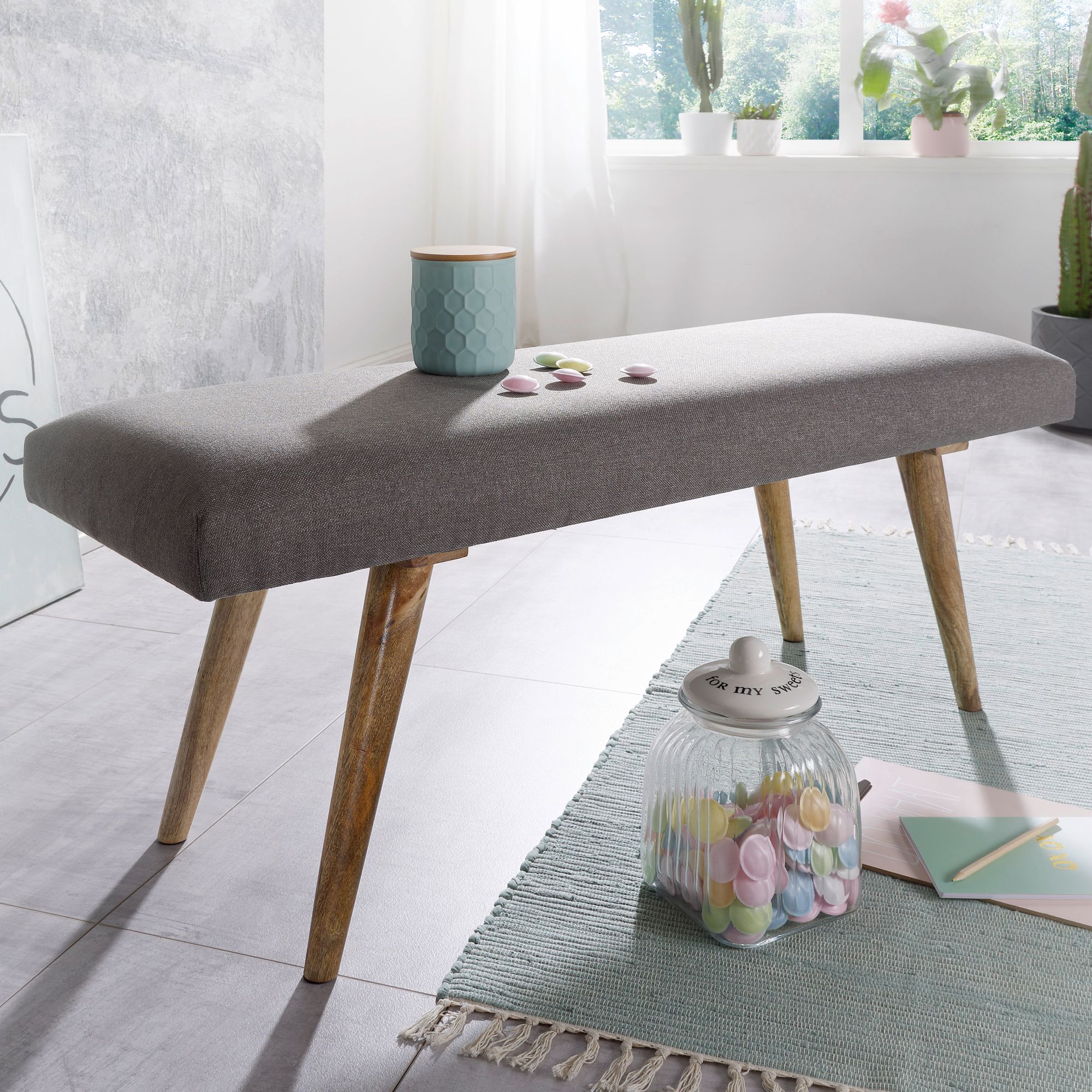 Gepolsterte Sitzbank 120cm Stoff Grau Polsterbank Garderobenbank Flurbank Bank – Ansicht 1