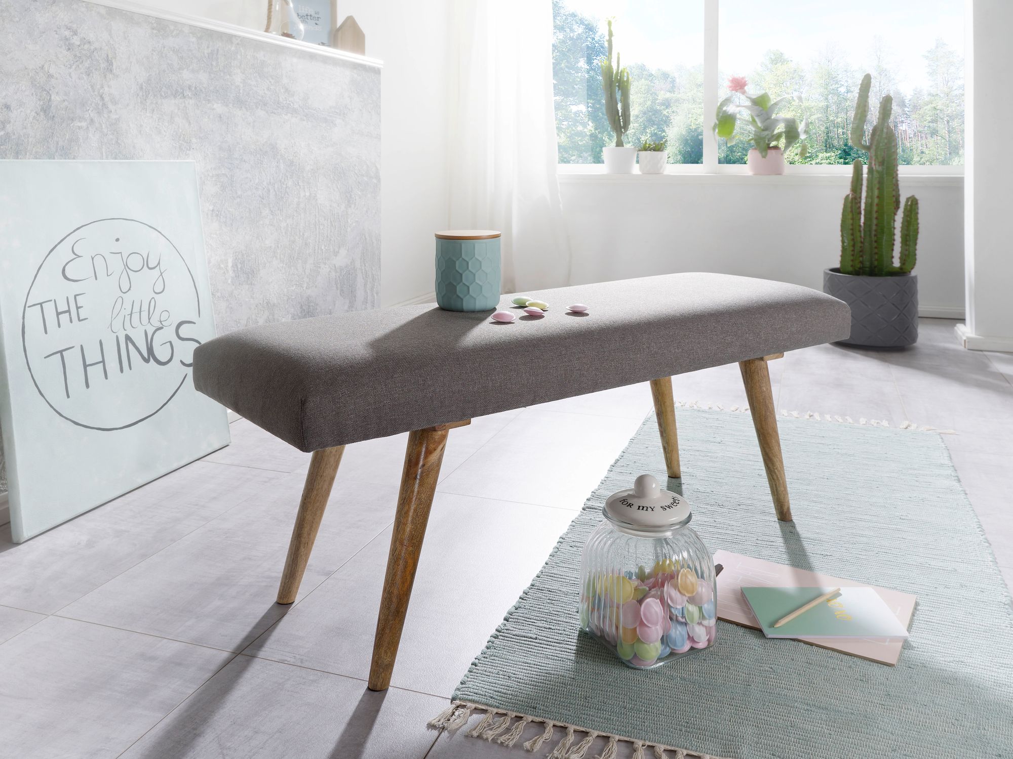 Gepolsterte Sitzbank 120cm Stoff Grau Polsterbank Garderobenbank Flurbank Bank – Ansicht 2