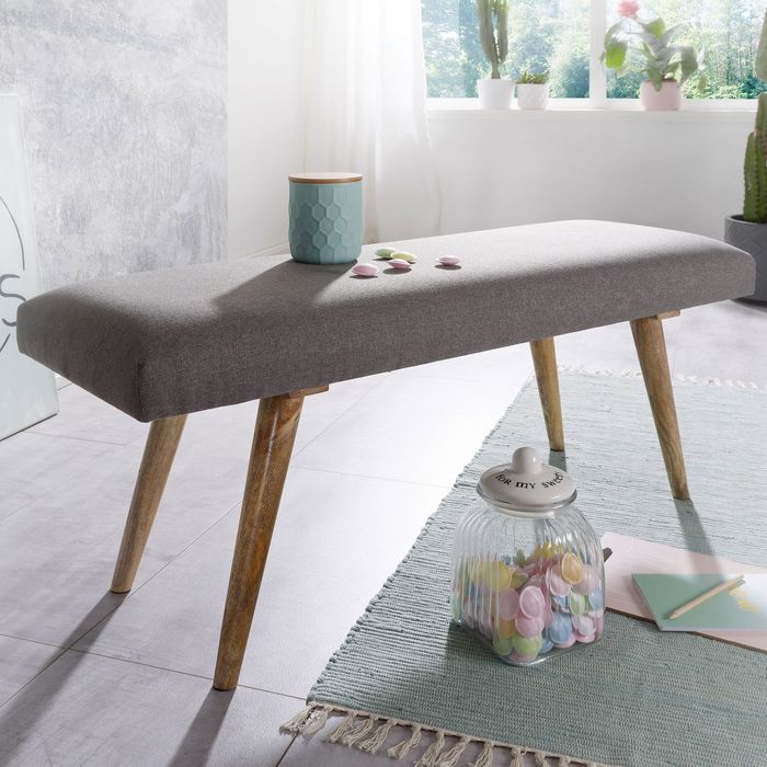 FineBuy Sitzbank Stoff / Massivholz Bank grau 117x51x38 cm im Retro Stil, 2er Polsterbank Flur, Gepolsterte Stoffbank Esszimmer braun, Kleine Bettbank Baumwolle, Flurbank Dielenmöbel schmal 4250950282698