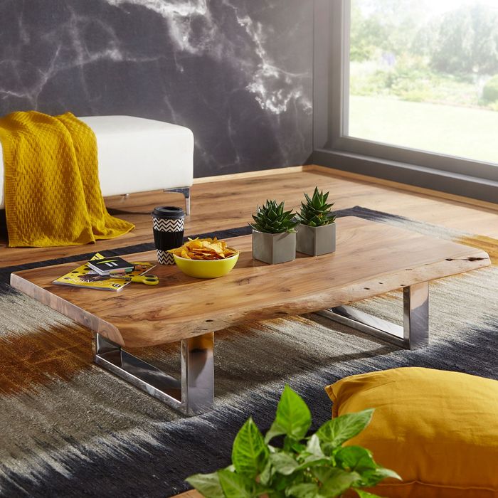 FineBuy Couchtisch 115 x 25 x 58 cm Akazie Massiv Holz Metallgestell groß, Baumstamm Wohnzimmertisch Massivholz Braun, Baumkante Sofatisch Landhaus Holztisch, Tisch Wohnzimmer Stubentisch 4250950283428