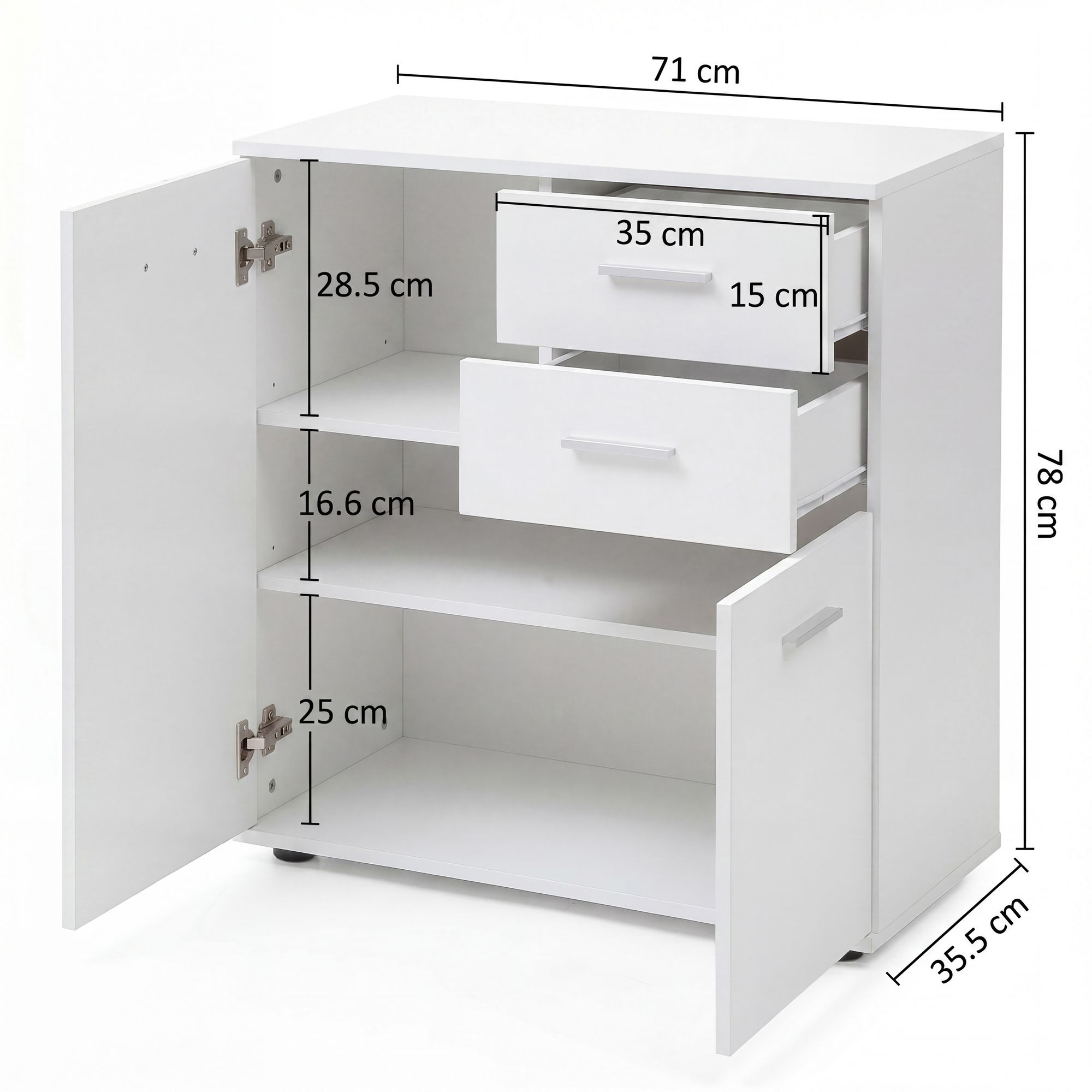 Sideboard 70 cm Weiß mit 2 Türen & 2 Schubladen Kommode Aktenschrank Tiefe 35 cm – Ansicht 3