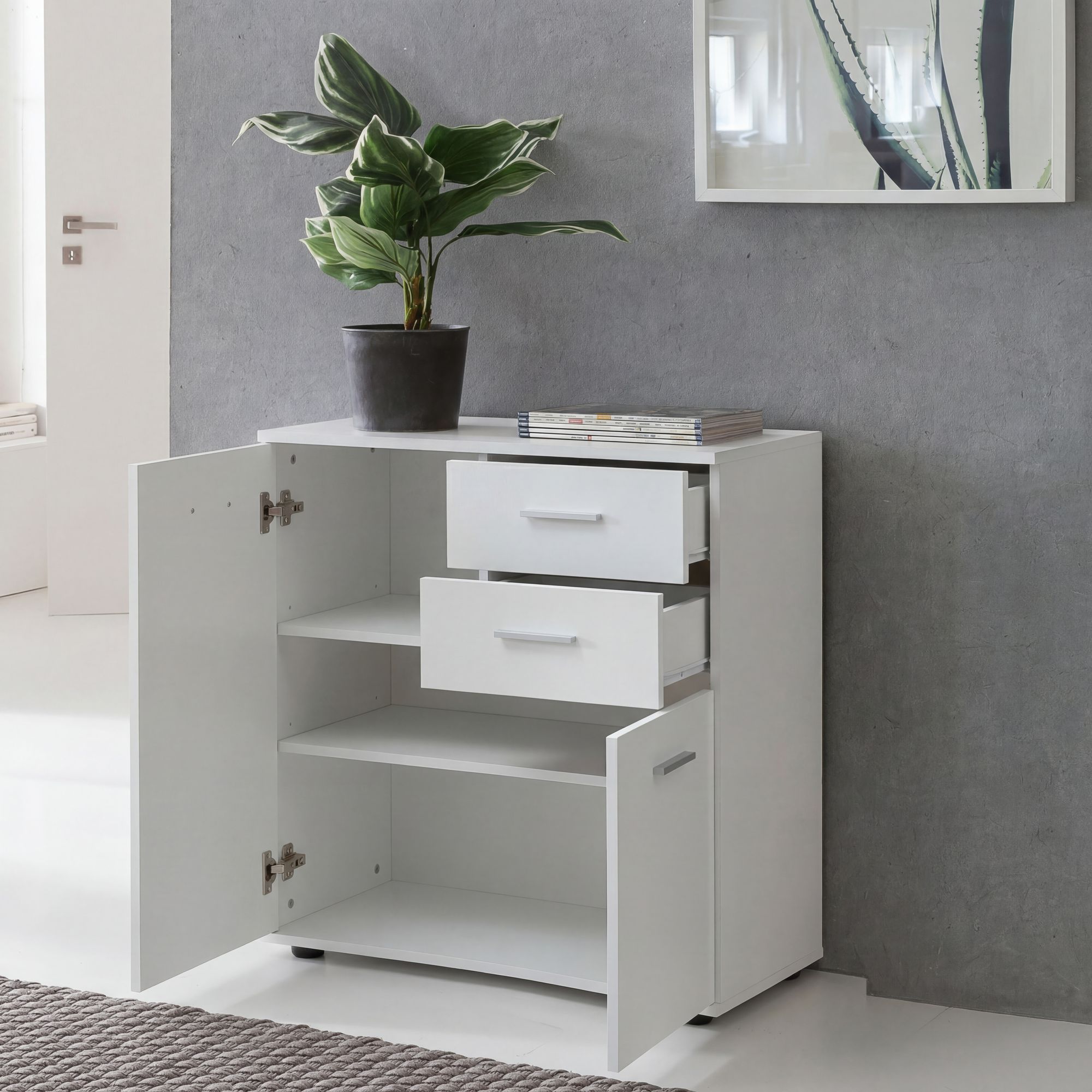 Sideboard 70 cm Weiß mit 2 Türen & 2 Schubladen Kommode Aktenschrank Tiefe 35 cm – Ansicht 1