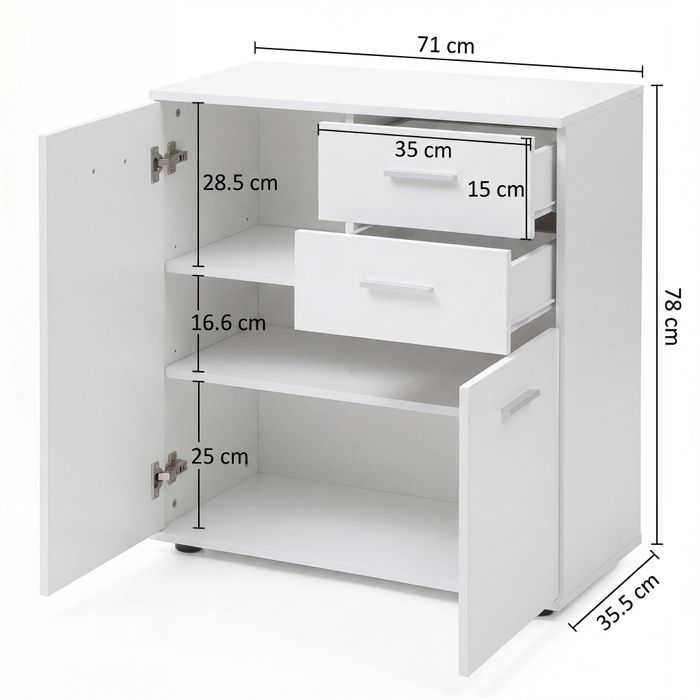 Sideboard 70 cm Weiß mit 2 Türen & 2 Schubladen Kommode Aktenschrank Tiefe 35 cm – Maßzeichnung