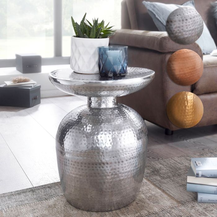 FineBuy Design Beistelltisch 36,5 x 46 x 36,5 cm Aluminium Dekotisch orientalisch rund, Designer Ablagetisch Metall modern, Anstelltisch schmal , Kleiner Hammerschlag Abstelltisch 15639
