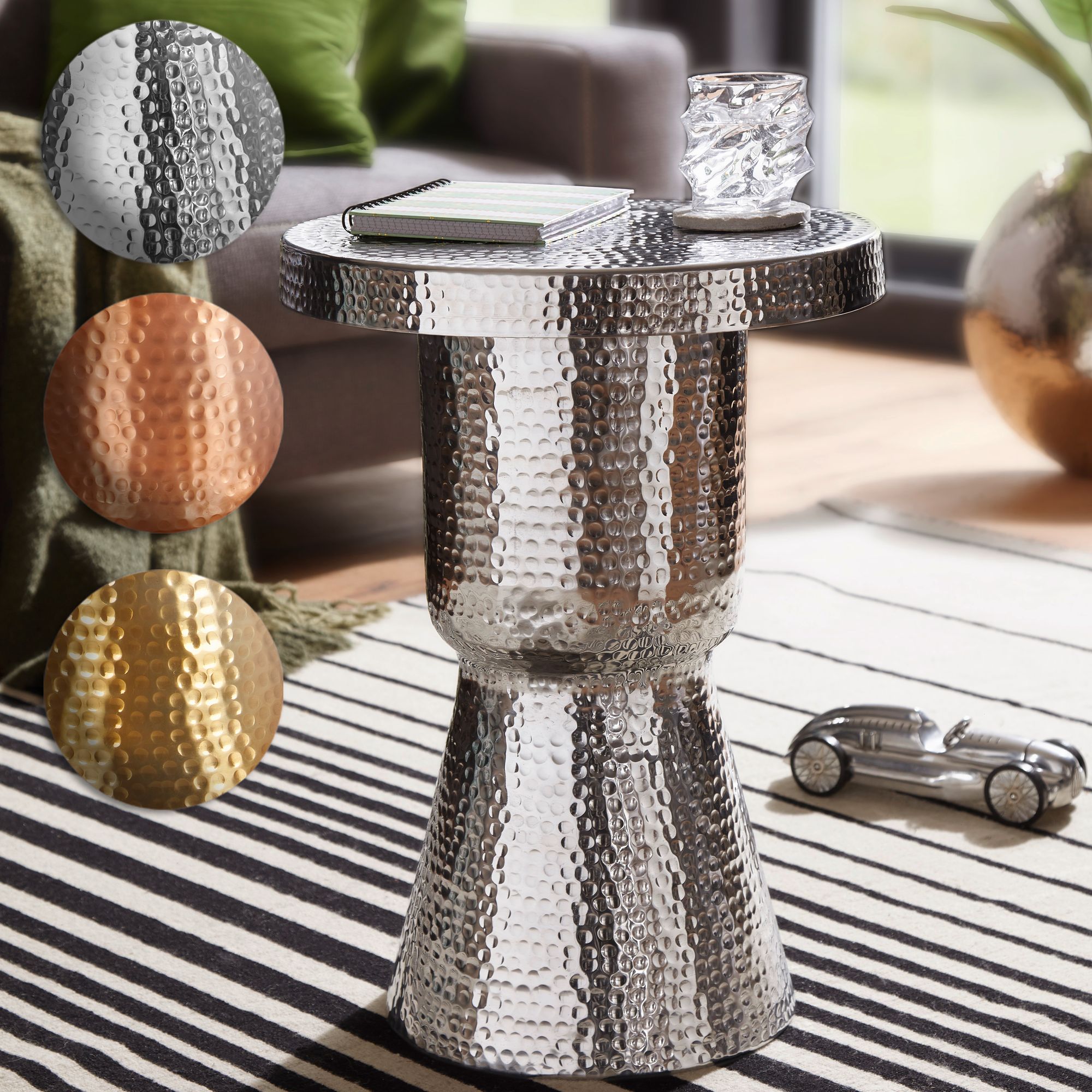 FineBuy Beistelltisch rund 43 cm Metall - Orientalischer Design Wohnzimmertisch Aluminium - Hammerschlag Alu kleiner Couchtisch - Dekotisch | Farbe: Gold