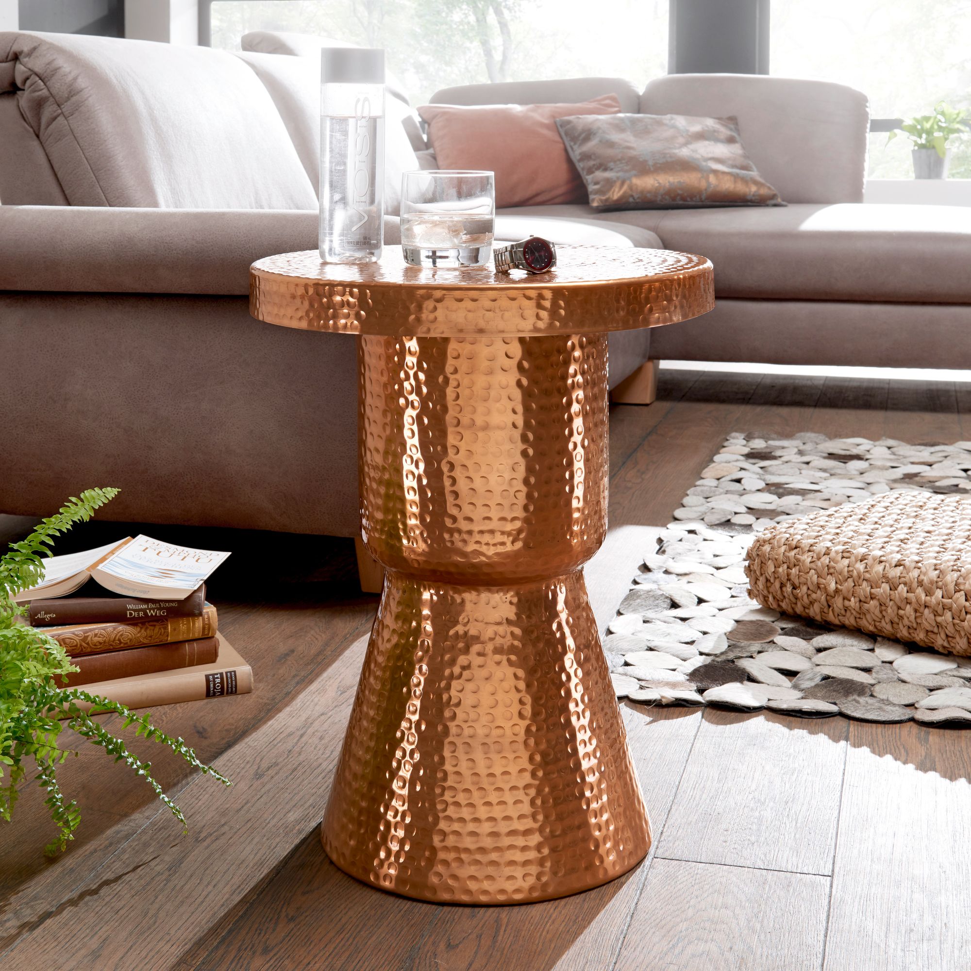FineBuy Beistelltisch rund 43 cm Metall - Orientalischer Design Wohnzimmertisch Aluminium - Hammerschlag Alu kleiner Couchtisch - Dekotisch | Farbe: Gold