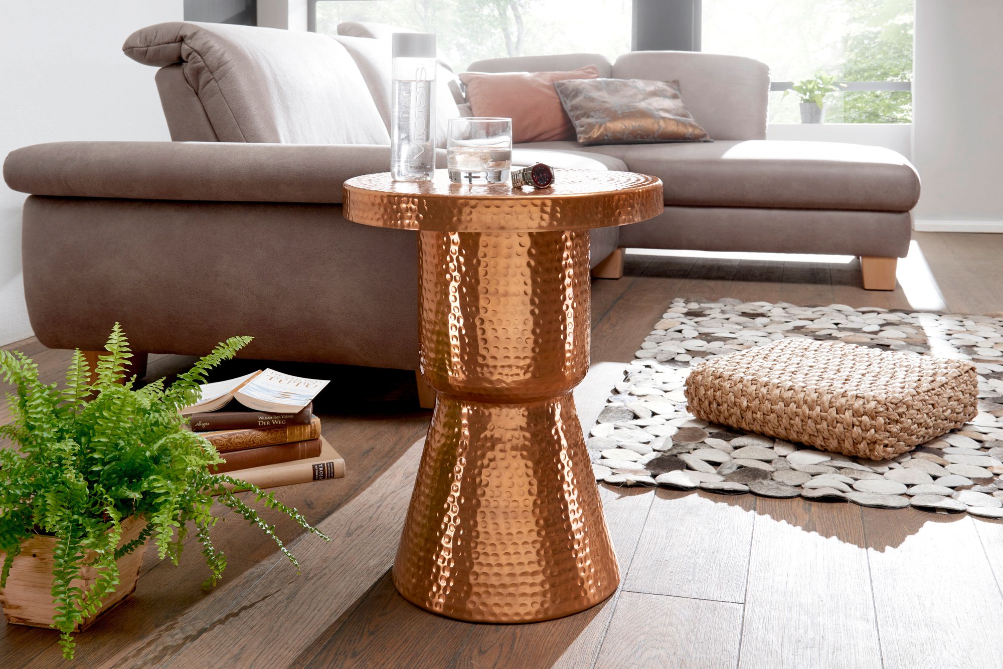 FineBuy Beistelltisch rund 43 cm Metall - Orientalischer Design Wohnzimmertisch Aluminium - Hammerschlag Alu kleiner Couchtisch - Dekotisch | Farbe: Gold