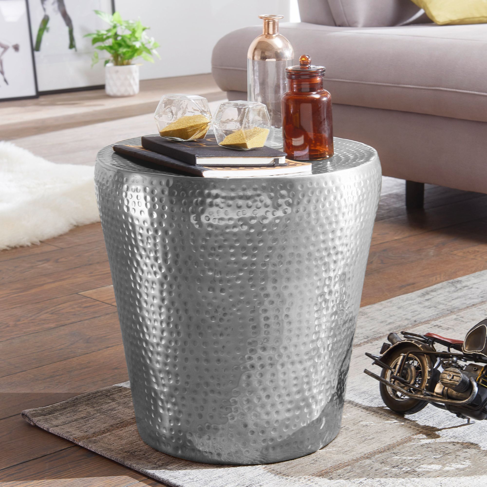 FineBuy Beistelltisch rund 41 cm Metall - Orientalischer Design Wohnzimmertisch Aluminium - Hammerschlag Alu kleiner Couchtisch - Dekotisch