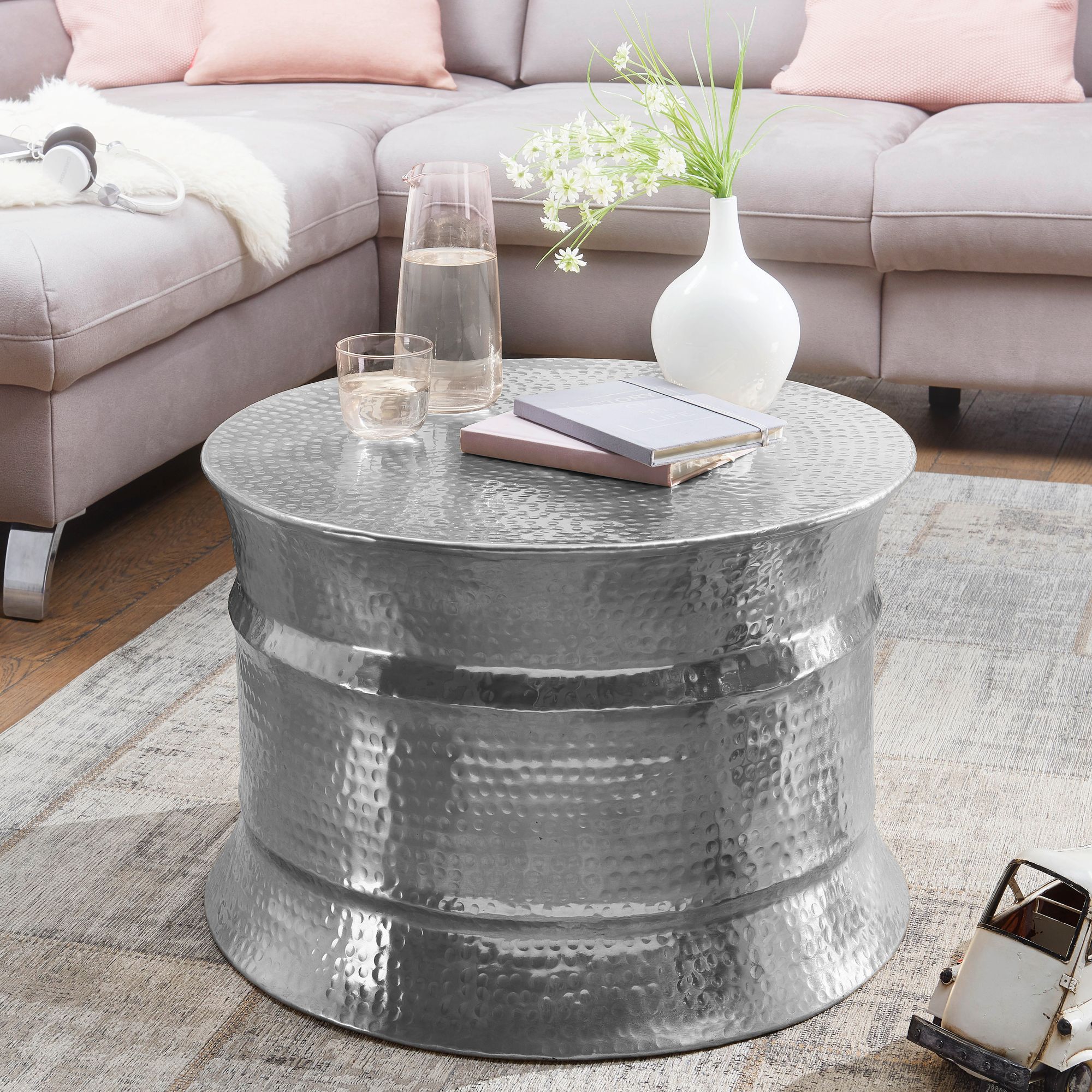 FineBuy Couchtisch Wohnzimmertisch Sofatisch rund Hammerschlag Metall Alu Modern – Ansicht 1