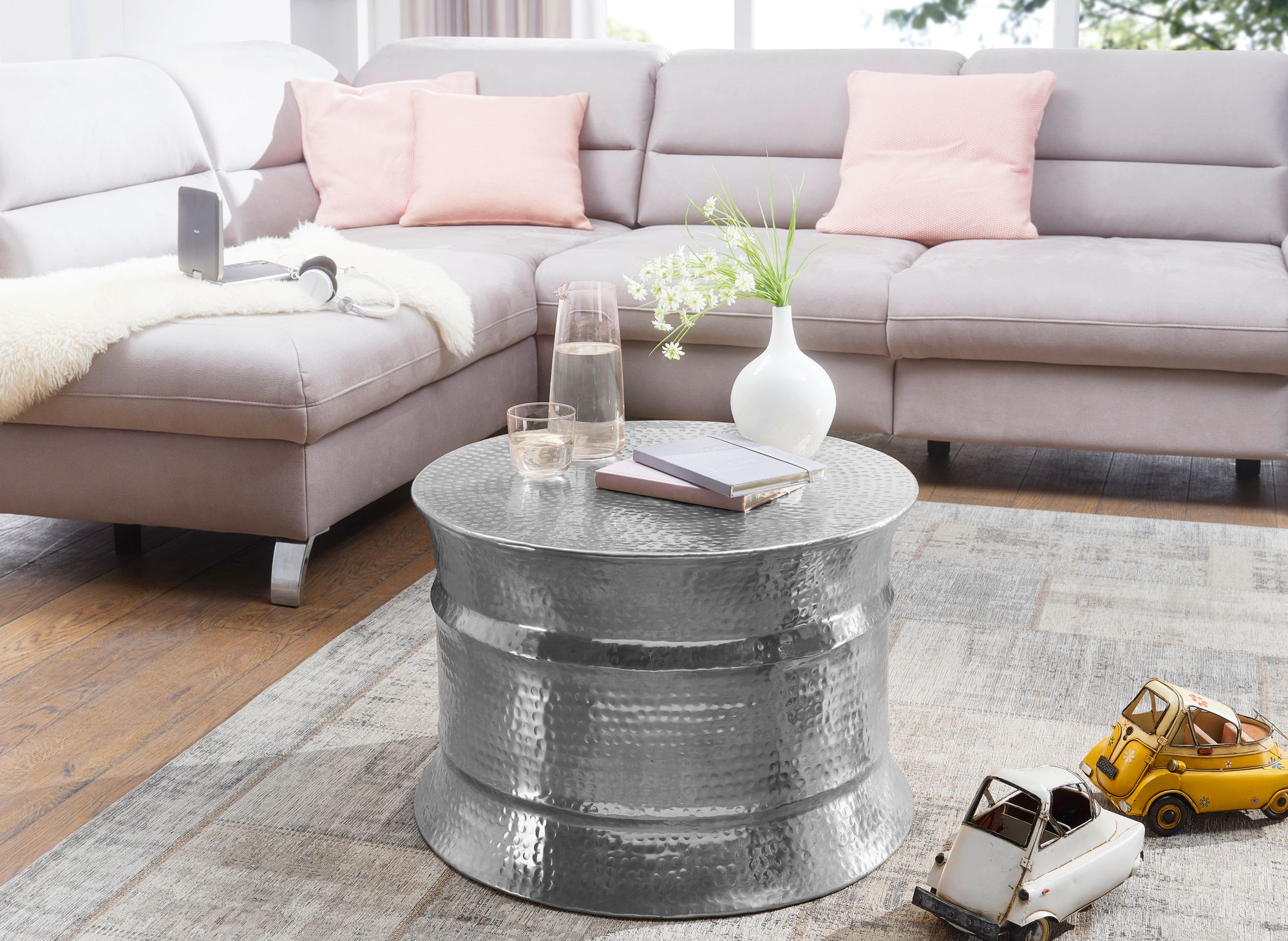 FineBuy Couchtisch Wohnzimmertisch Sofatisch rund Hammerschlag Metall Alu Modern – Ansicht 2
