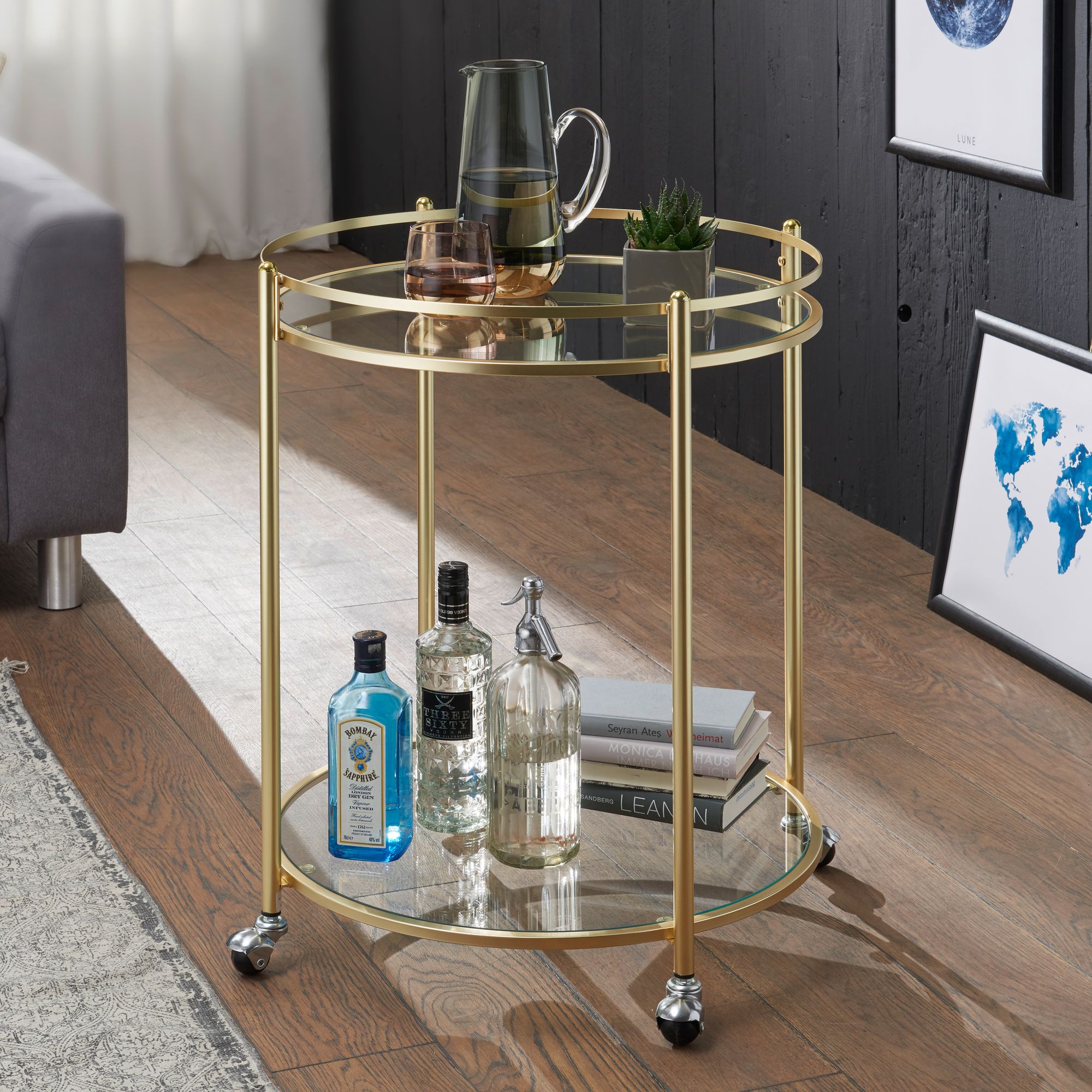 FineBuy Servierwagen Gold Ø 57cm Beistelltisch Teewagen Rollen Küchenwagen – Ansicht 1
