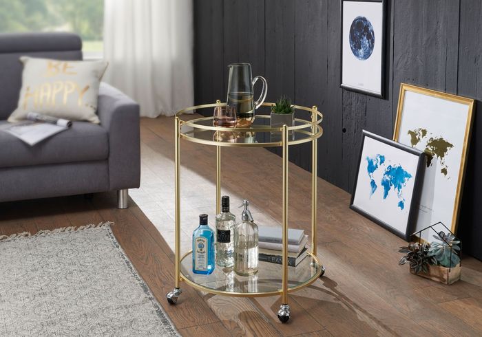 FineBuy Design Servierwagen Gold Ø 57 cm Beistelltisch, Teewagen Metall mit Rollen, Küchenwagen mit Glasplatten, Barwagen rund 75 cm hoch, Küchentrolley modern, Rollwagen 4250950285484