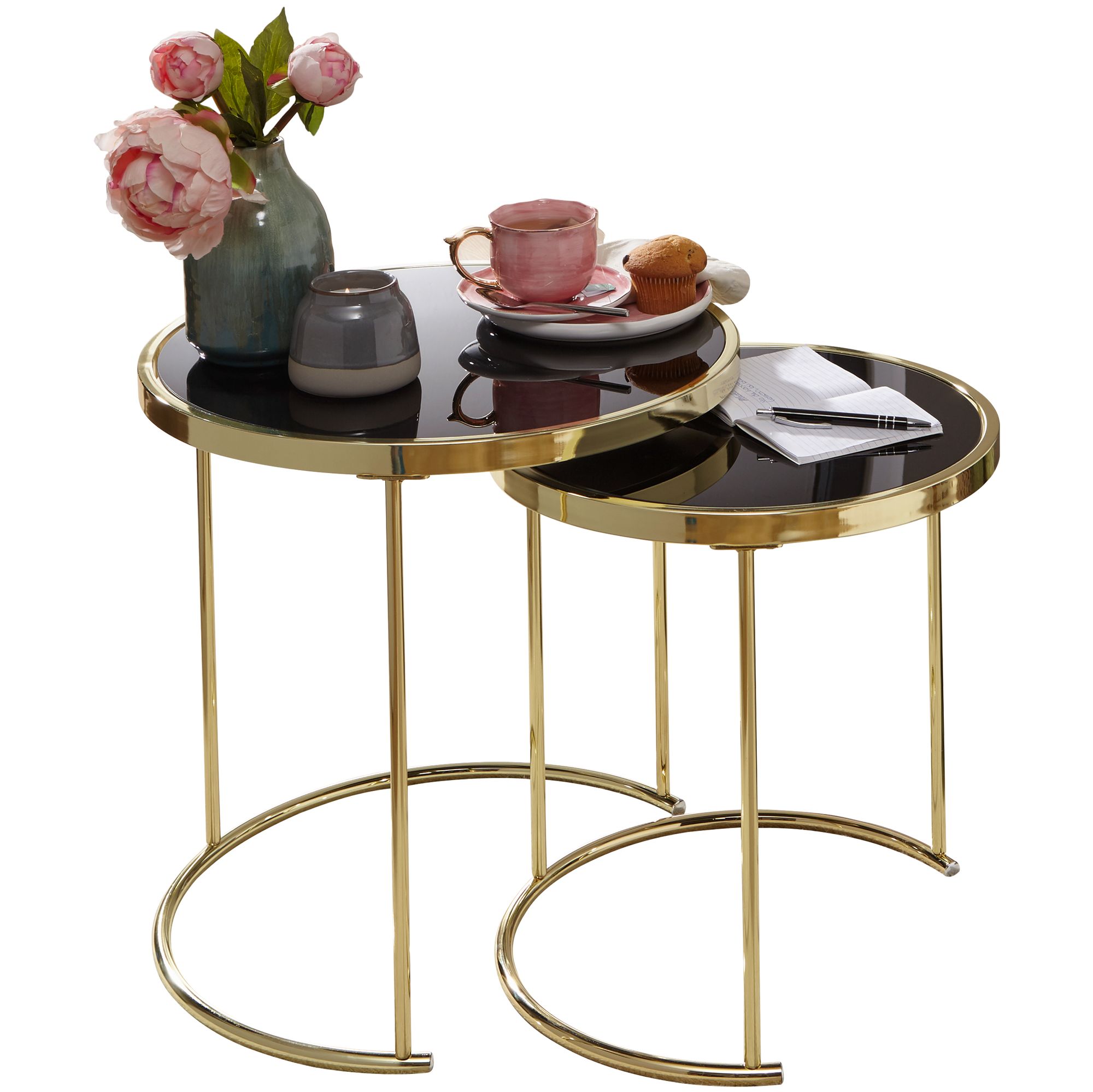 FineBuy Satztisch COMO schwarz/Gold Beistelltisch Metall/Glas Couchtisch 2er Set – Ansicht 6