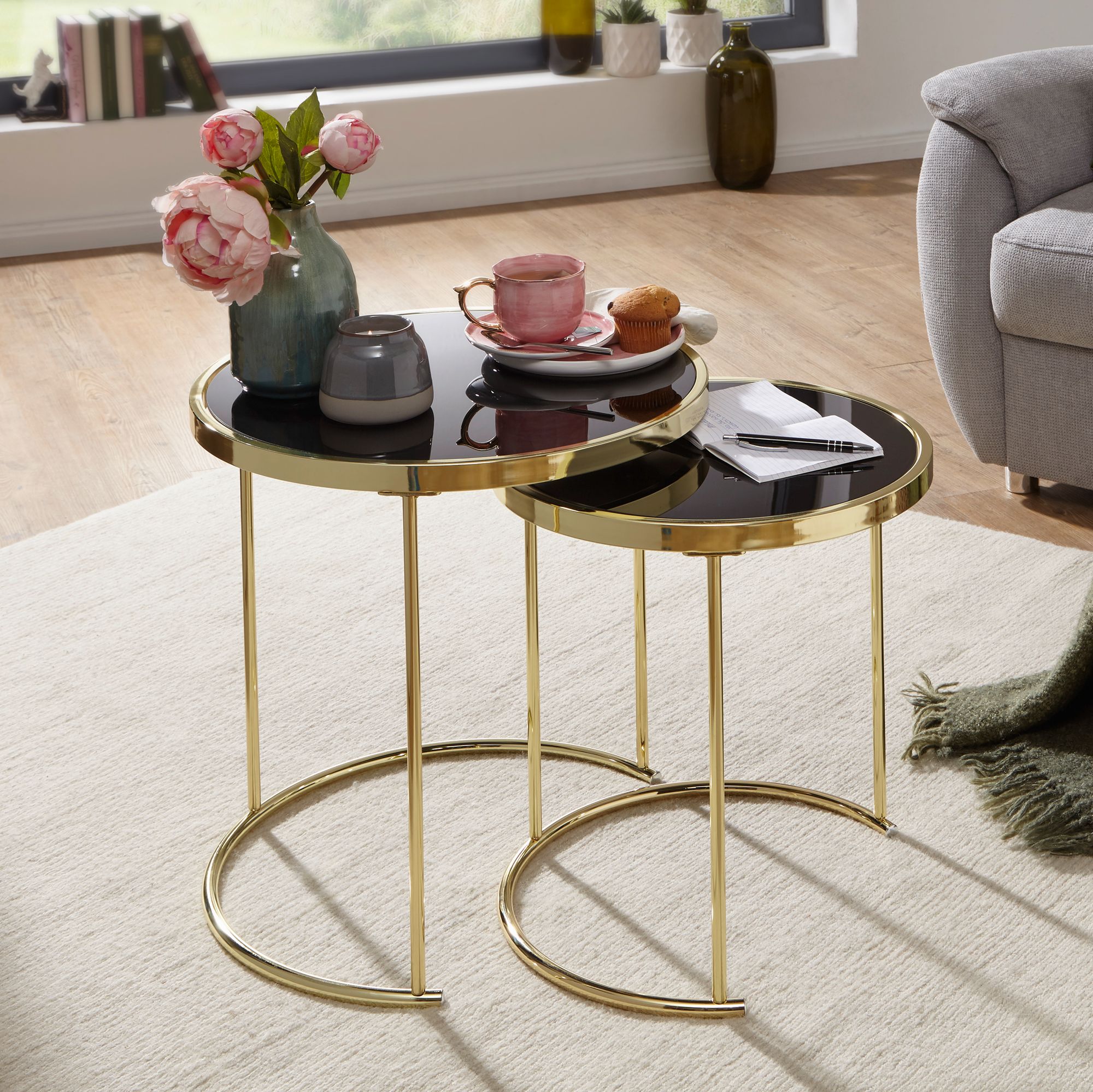 FineBuy Satztisch COMO schwarz/Gold Beistelltisch Metall/Glas Couchtisch 2er Set – Ansicht 1