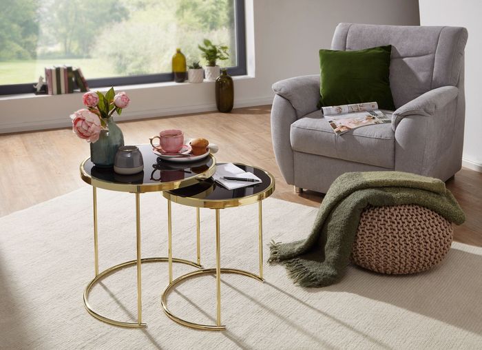 FineBuy Design Satztisch COMO schwarz / Gold Beistelltisch Metall / Glas, Couchtisch Set aus 2 Tischen, Kleiner Wohnzimmertisch, Metalltisch mit Glasplatte, Ablagetisch modern 4250950284678