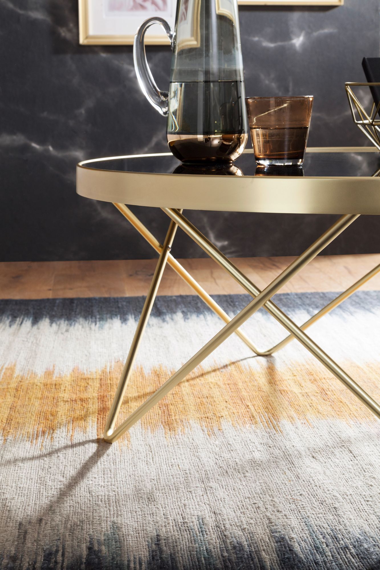 FineBuy Couchtisch Schwarz Gold Glasplatte Wohnzimmertisch Ø 82 cm – Ansicht 5
