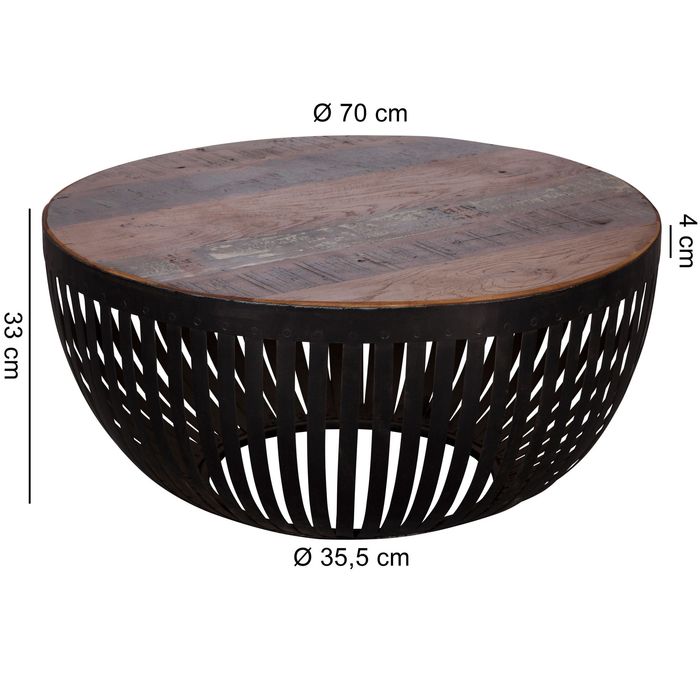 Couchtisch FineBuy Sofatisch 70 cm Tisch Holz Massiv Metall Wohnzimmertisch – Maßzeichnung