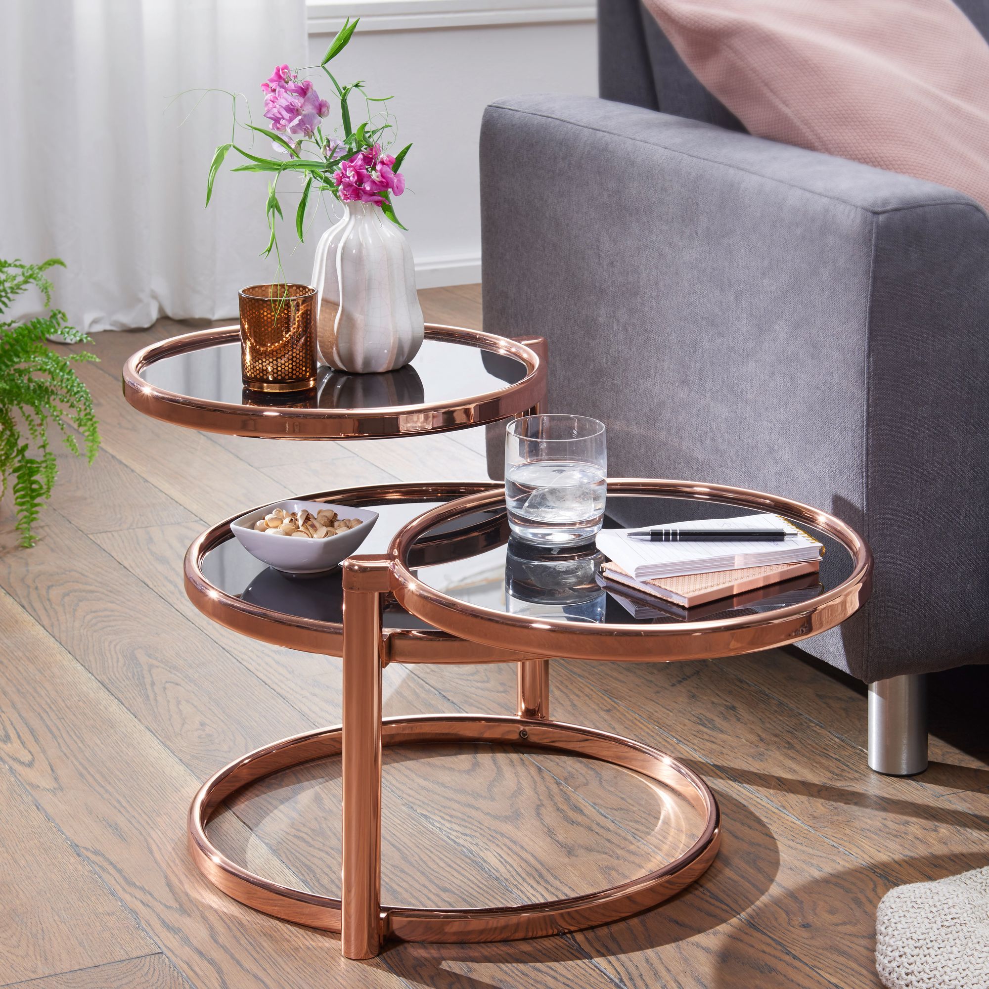 FineBuy Couchtisch mit 3 Tischplatten 58 x 43 x 58 cm, Beistelltisch rund, Design Wohnzimmertisch Glas / Metall, Designer Glastisch Sofatisch modern, Kleiner Loungetisch | Farbe: Gold FineBuy Couchtisch mit 3 Tischplatten 58 x 43 x 58 cm, Beistelltisch rund, Design Wohnzimmertisch Glas / Metall, Designer Glastisch Sofatisch modern, Kleiner Loungetisch | Farbe: Gold